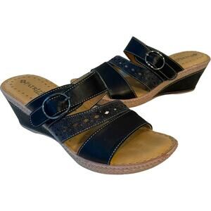 Patrizia Glukera Slides Sandals Black Leather Wedge Heel Buckle EU 39 US 8.5